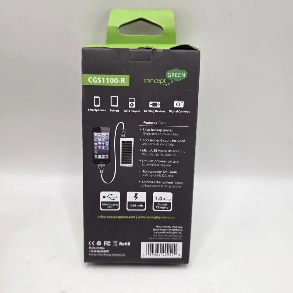 Concept Green Solar Assist Portable Charger 1250mAh Red CGS1100-R Power Bank USB